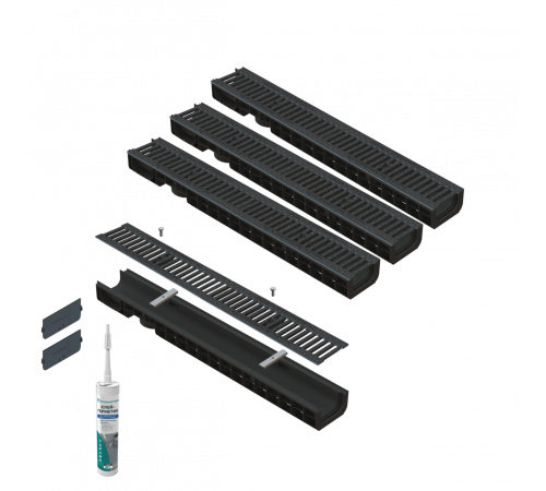 Комплект лотків водовідвідних пластикових Base DN100 H80 з чавунними решітками С250, 4м.