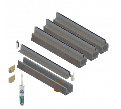 Комплект лотків водовідвідних бетонних Base DN100 H225 з насадкою щілинною оцинкованою В125, 4м.